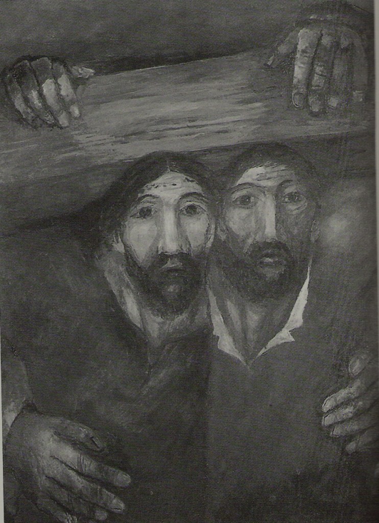 Symon of Cyrene and Jesus carry the cross