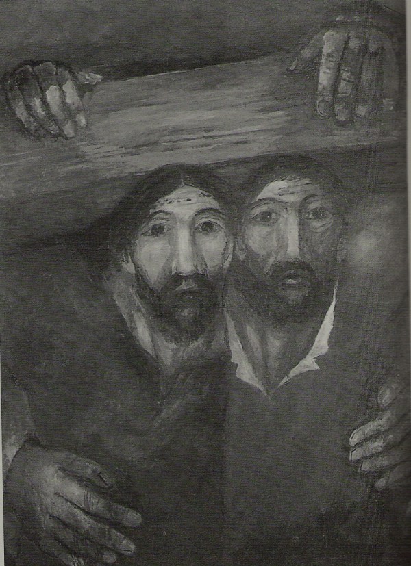 Symon of Cyrene and Jesus carry the cross